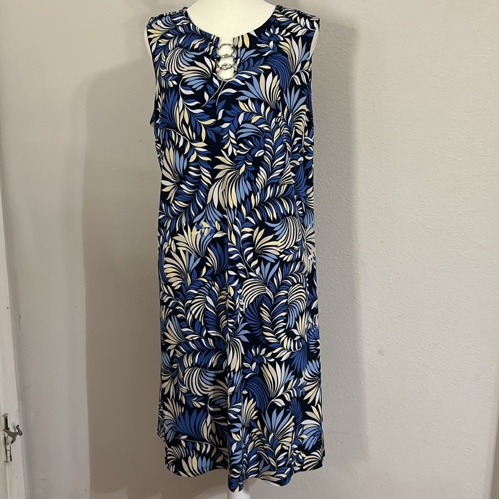 Blue, tan and black stretchy dress with triple keyring-hole neck. Size L.